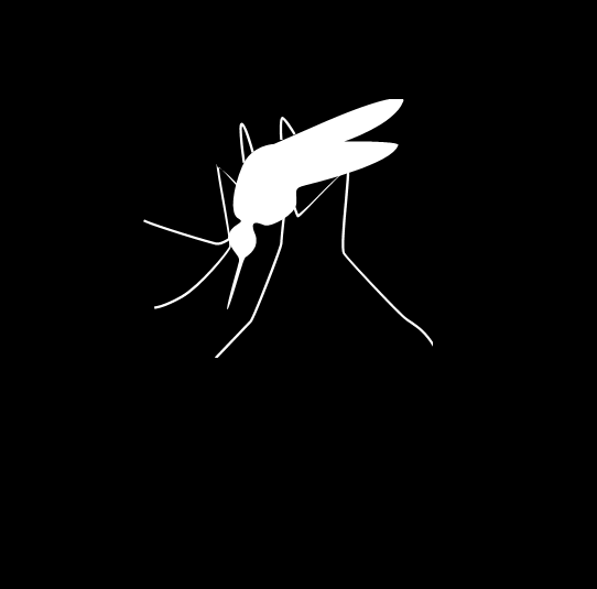 White silhouette of a mosquito on a black background