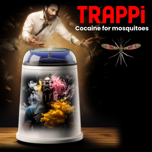 TRAPPi product marketing image - Innovative fan-powered trap attracts mosquitoes at close range (heat, colour, shape & sound lures) and at long range (chemical & light lures)